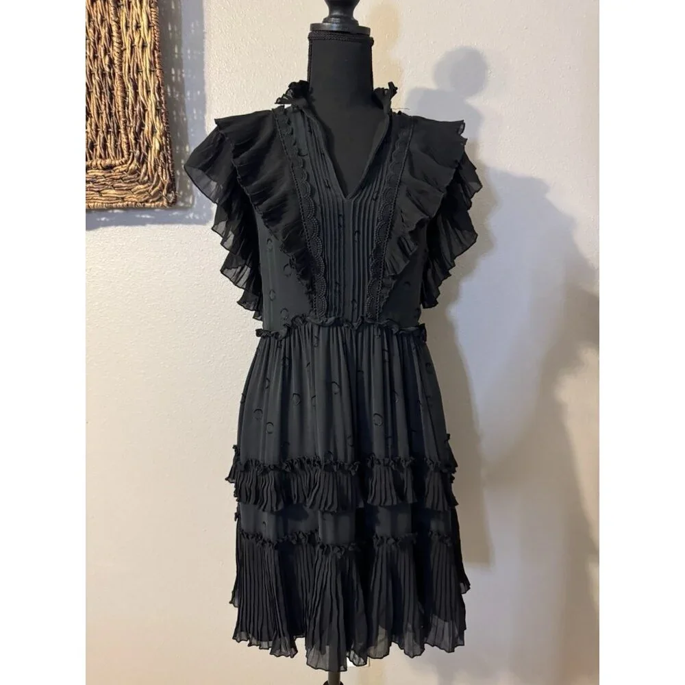 Kate Spade Devore Dress 6 Black Silk Mix Bakery Dot Ruffle Dress
